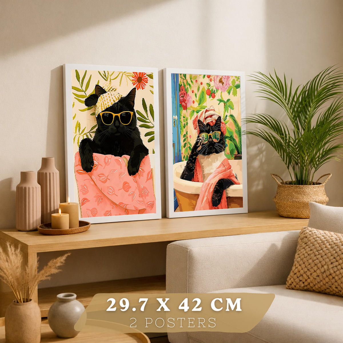 PLAKAT Sada 2 Černá kočka A3 Bílý rám - bílá, papír (29.7/1/42cm) - Nacnic