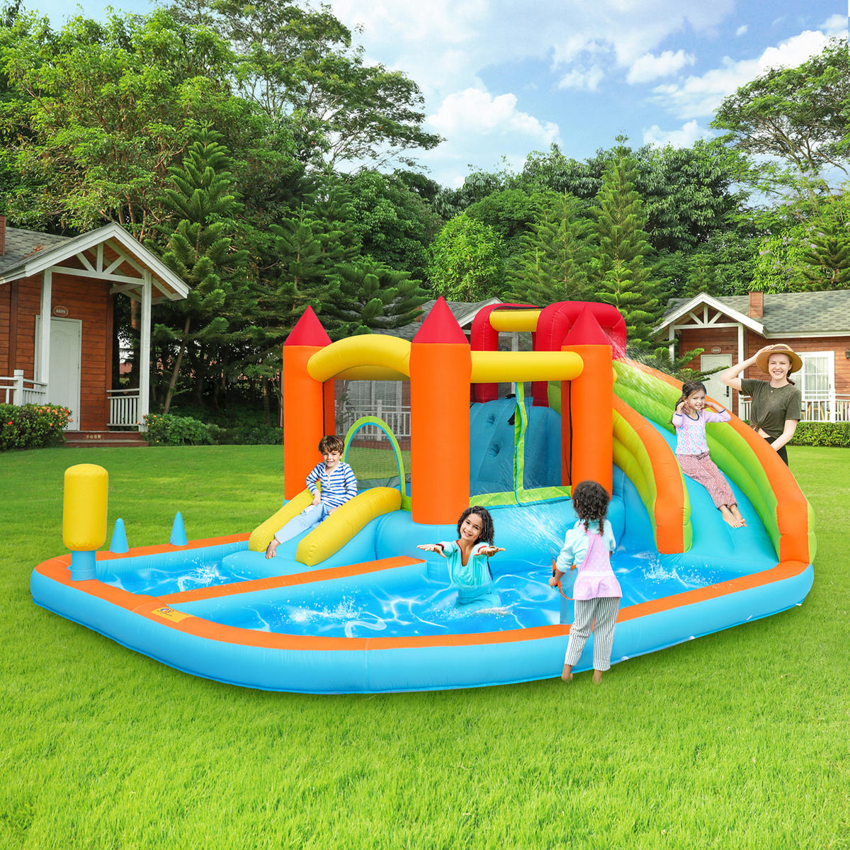 HÜPFBURG Wasserpark Rutsche Trampolin - Orange, Textil (343/460/190cm) - LEBENLANG