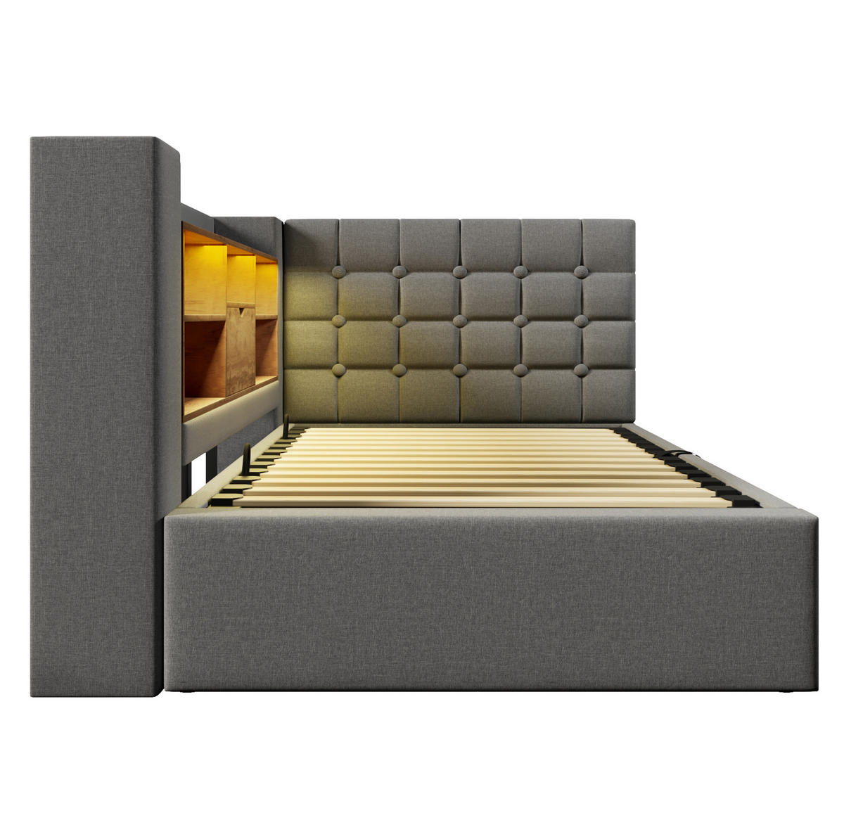BETT mit Stauraum 90x200 cm Leinen Grau - Grau, Metall (90/200cm) - Meubliv