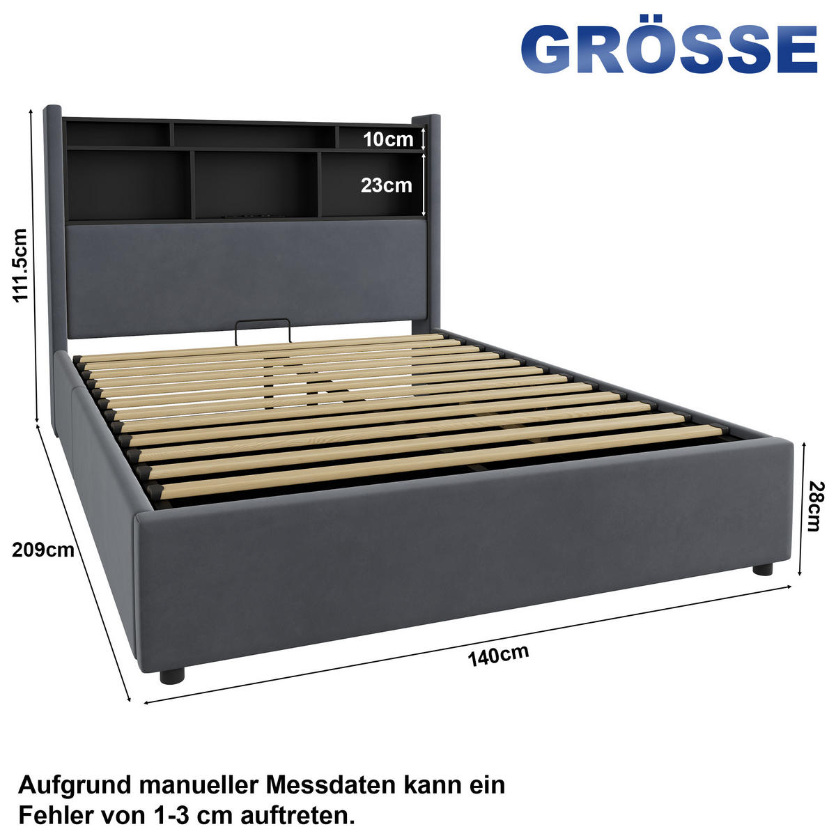 POLSTERBETT 140/190 cm Dunkelgrau Samt mit LED & USB – Hydraulik - Dunkelgrau, Textil (140/190cm) - Flora Grace