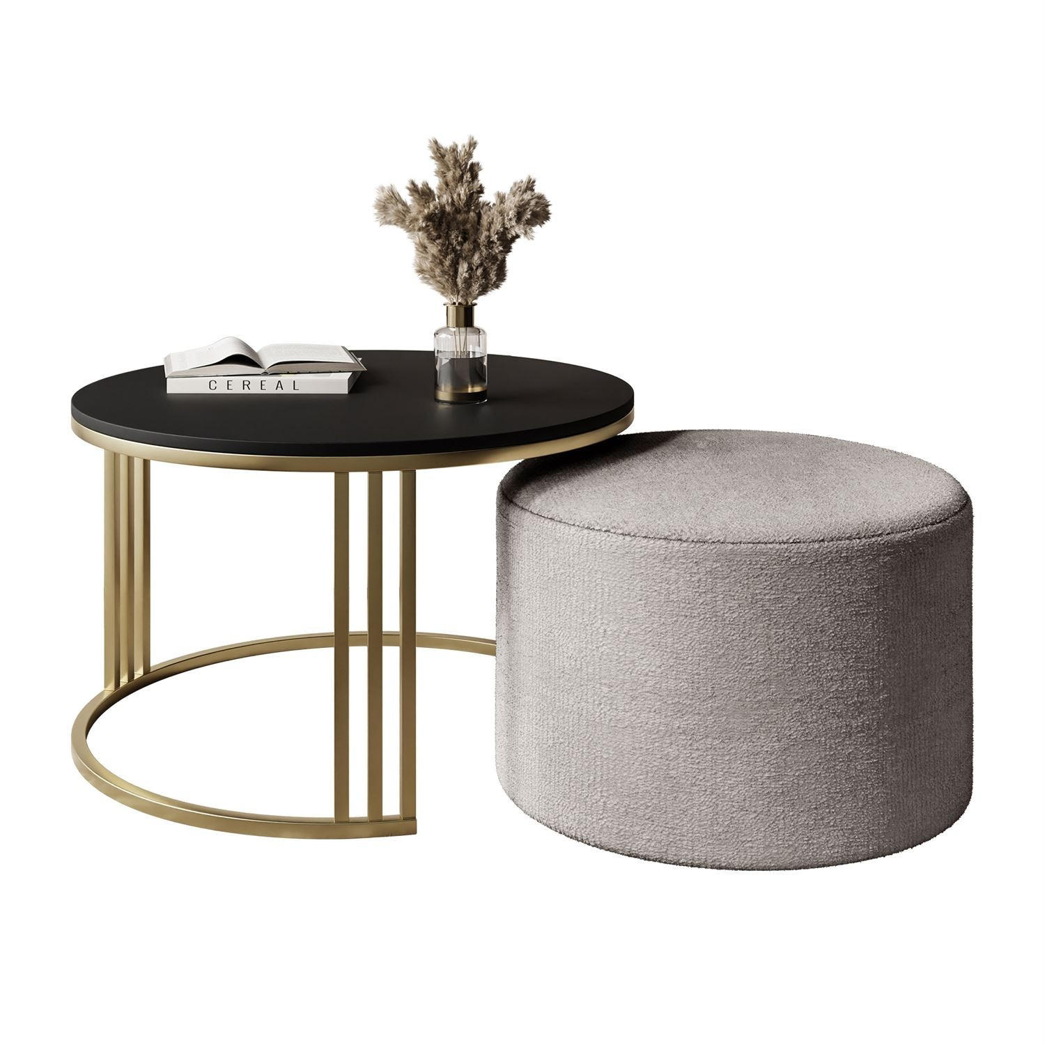 COUCHTISCH mit Hocker LORI MAT gebürstetes Gold/schwarz matt/Perfect Harmony 82 - Schwarz, Metall (70/70/49cm) - Lookway