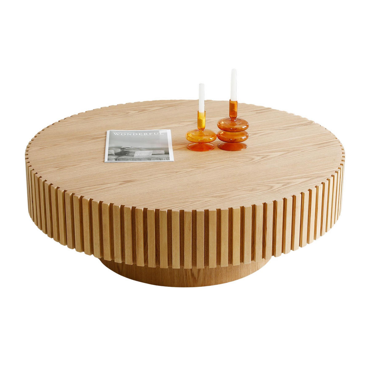 COUCHTISCH Rund in Natur-Optik Ø 80 cm mit handgefertigtem Rillen-Design - Naturfarben, Holzwerkstoff (80/80/35cm) - Urban Meuble