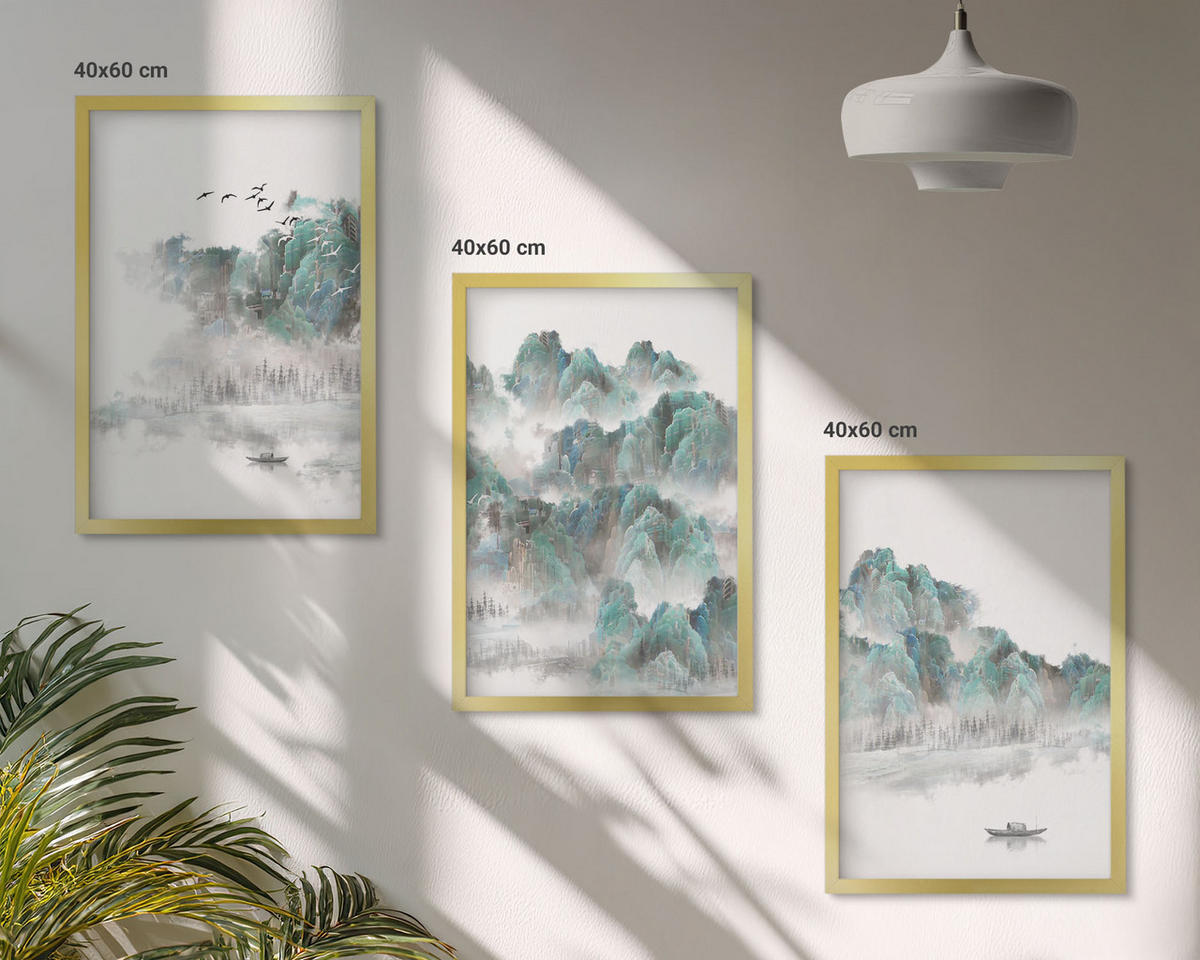 WANDBILDER 3er Set - 40x60 cm Goldrahmen - Berge, Wolken, Vögel, Boot, Japandi - Goldfarben, Kunststoff (40/60cm) - ArtPrintCave