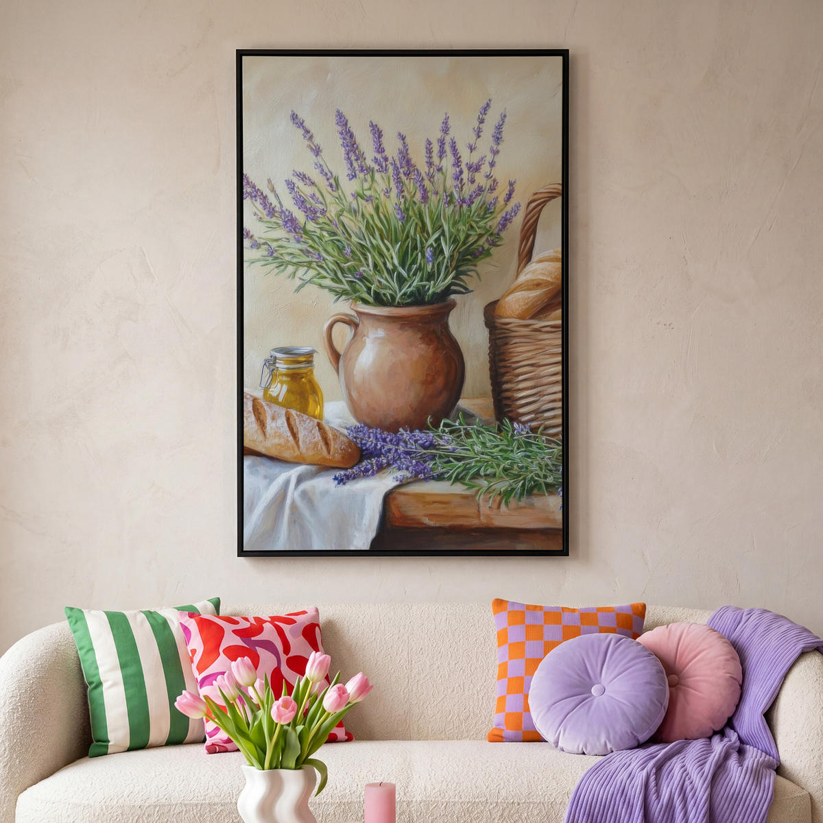 LEINWAND Bilder mit Rahmen - Lavendel - Brot - Stilleben - 100x150 - Flieder, Textil (100/150cm) - MuchoWow