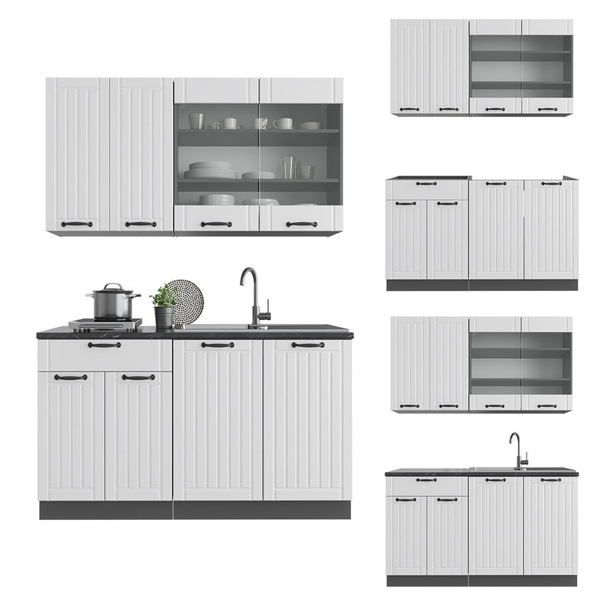 SINGLEKÜCHE Fame-Line Weiß Landhaus/Anthrazit 140 cm ohne AP - Anthrazit/Creme, Holzwerkstoff (140/81.6/46cm) - Vicco