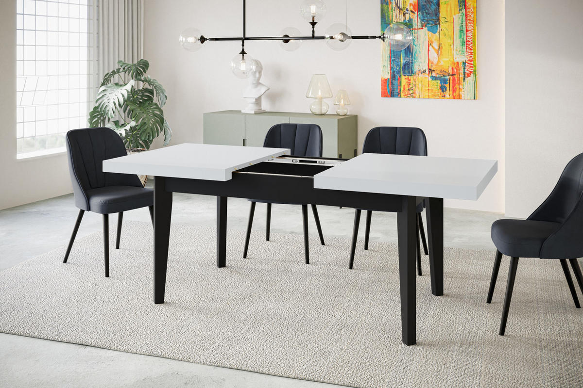 ESSZIMMERTISCH SKANDI, ausziehbarer Tisch: 200-300X100X78 cm, Farbe: Weiß, mit Holzbeinen in Farbe Schwarz - Schwarz/Weiß, Holzwerkstoff (200/100/78cm) - Alpi-Möbel