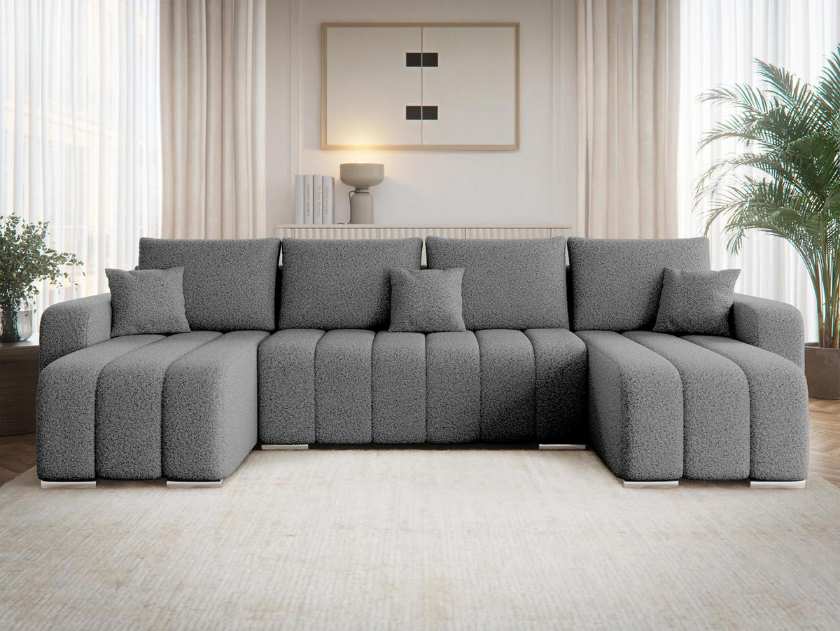 WOHNLANDSCHAFT Pufetto U Boucle - Silberfarben/Grau, Holz/Textil (313/86/147cm) - MIRJAN24