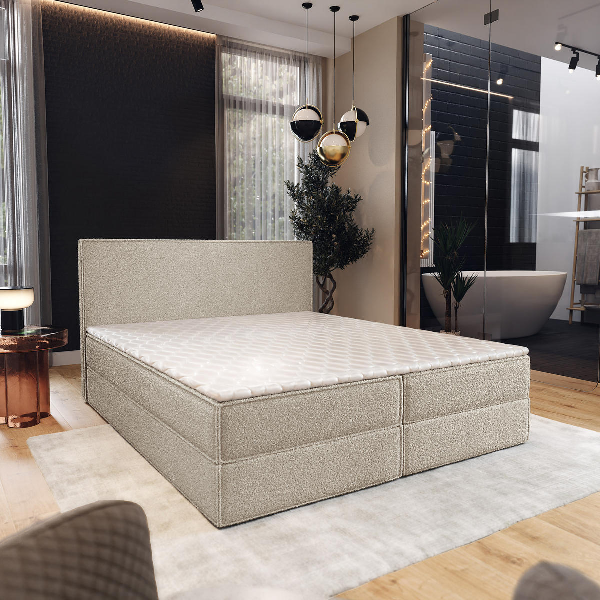 BOXBETT PELLIO 180x200 cm mit Matratze und Topper - Beige - Beige, Holz (180/200cm) - MASSENO