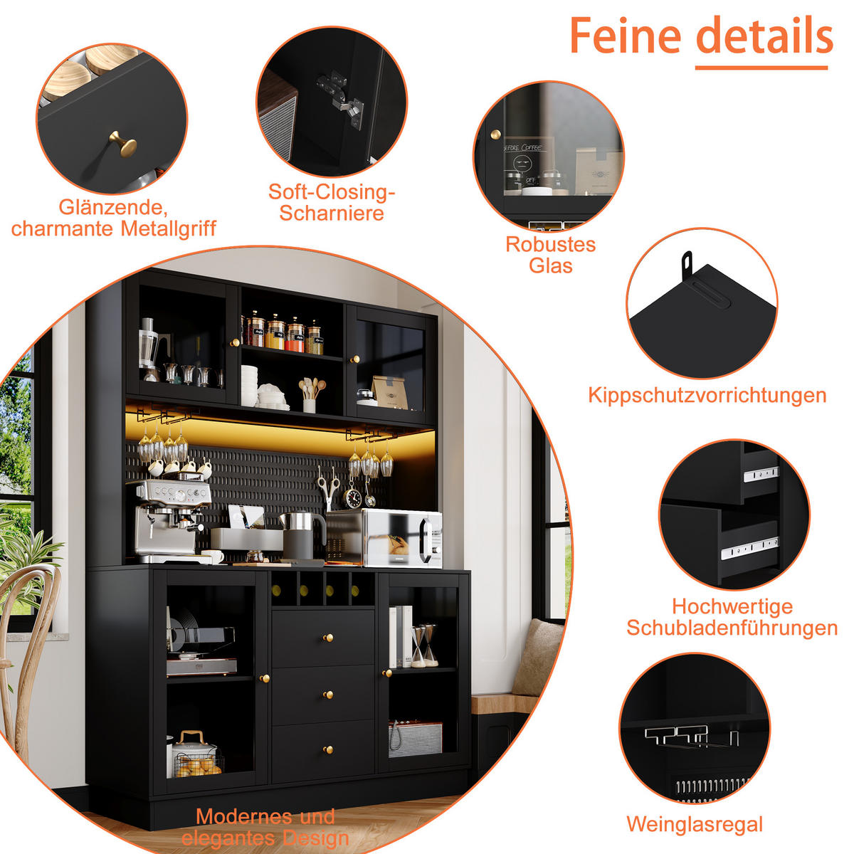 HOCHSCHRANK LED Weinregal Kippsicherung Schwarz - Schwarz, Glas (140/185.7/40cm) - FLIEKS