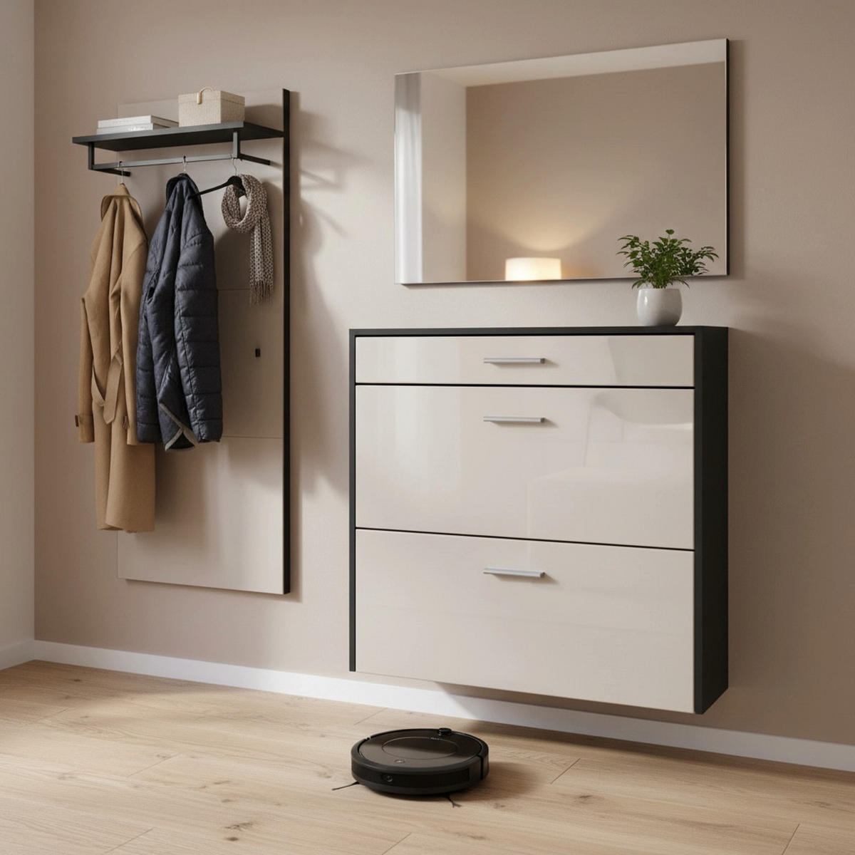 HÄNGENDER-SCHUHSCHRANK Roma Air Schmal mit 2 Klappen und 1 Schublade, Platzsparender Schuhkipper, Schwarz/Sandgrau Hochglanz (89 x 87 x 23 cm) - Beige, Holzwerkstoff (89/87/23cm) - InnoFurn