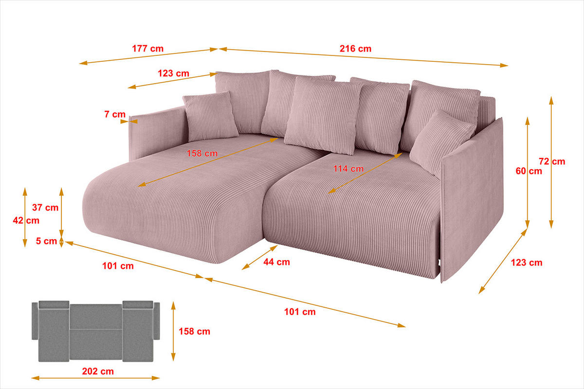 ECKSOFA mit Schlaffunktion und Bettkasten ONESK-L 216x177x72 Rosa Cord - Rosa, Holzwerkstoff/Kunststoff (216/177cm) - ALTDECOR
