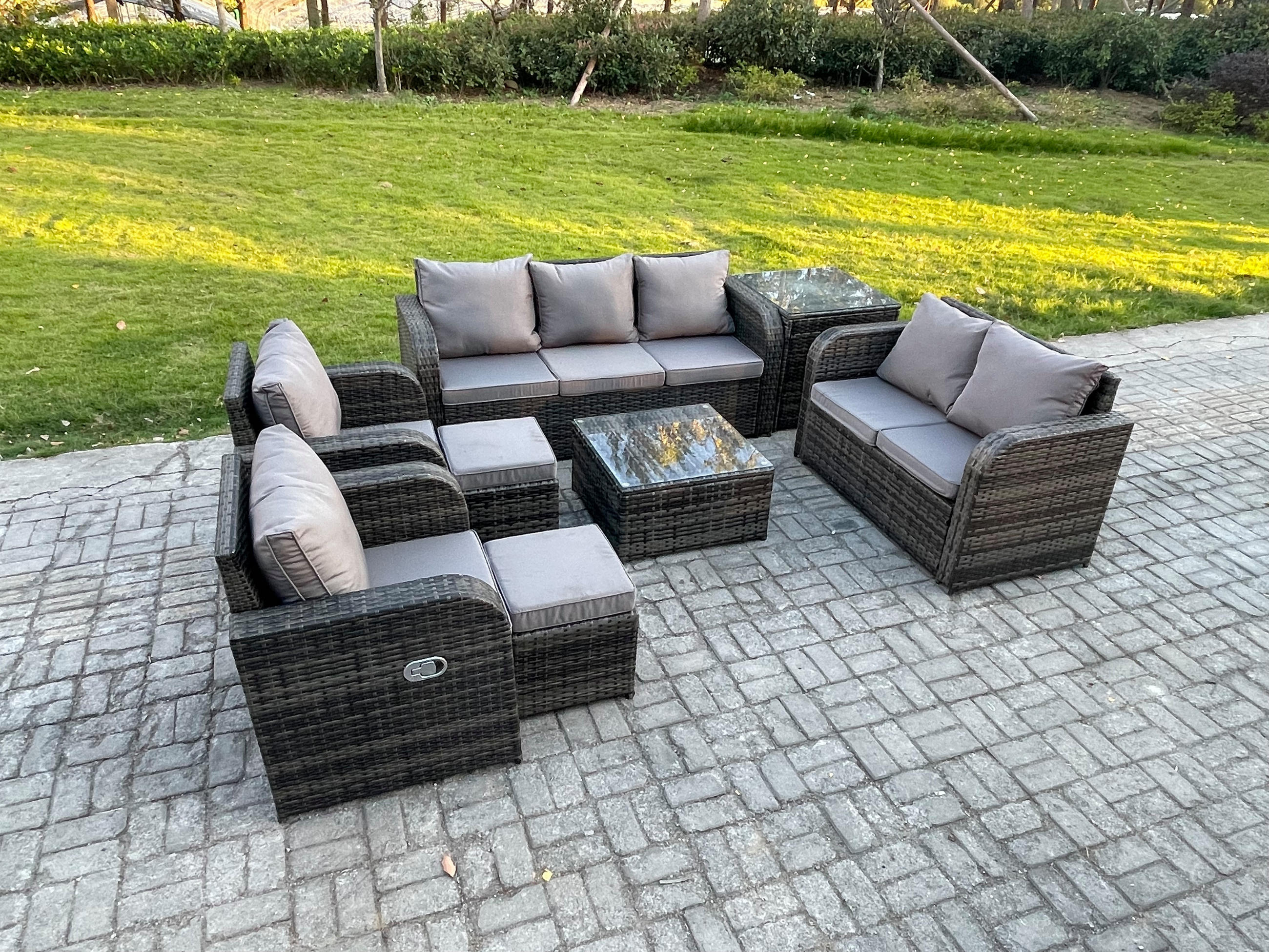 GARTENSOFA SET mit Couchtisch Polyrattan Dunkelgrau 8-teilige - Dunkelgrau/Grau, Glas/Kunststoff - Fimous