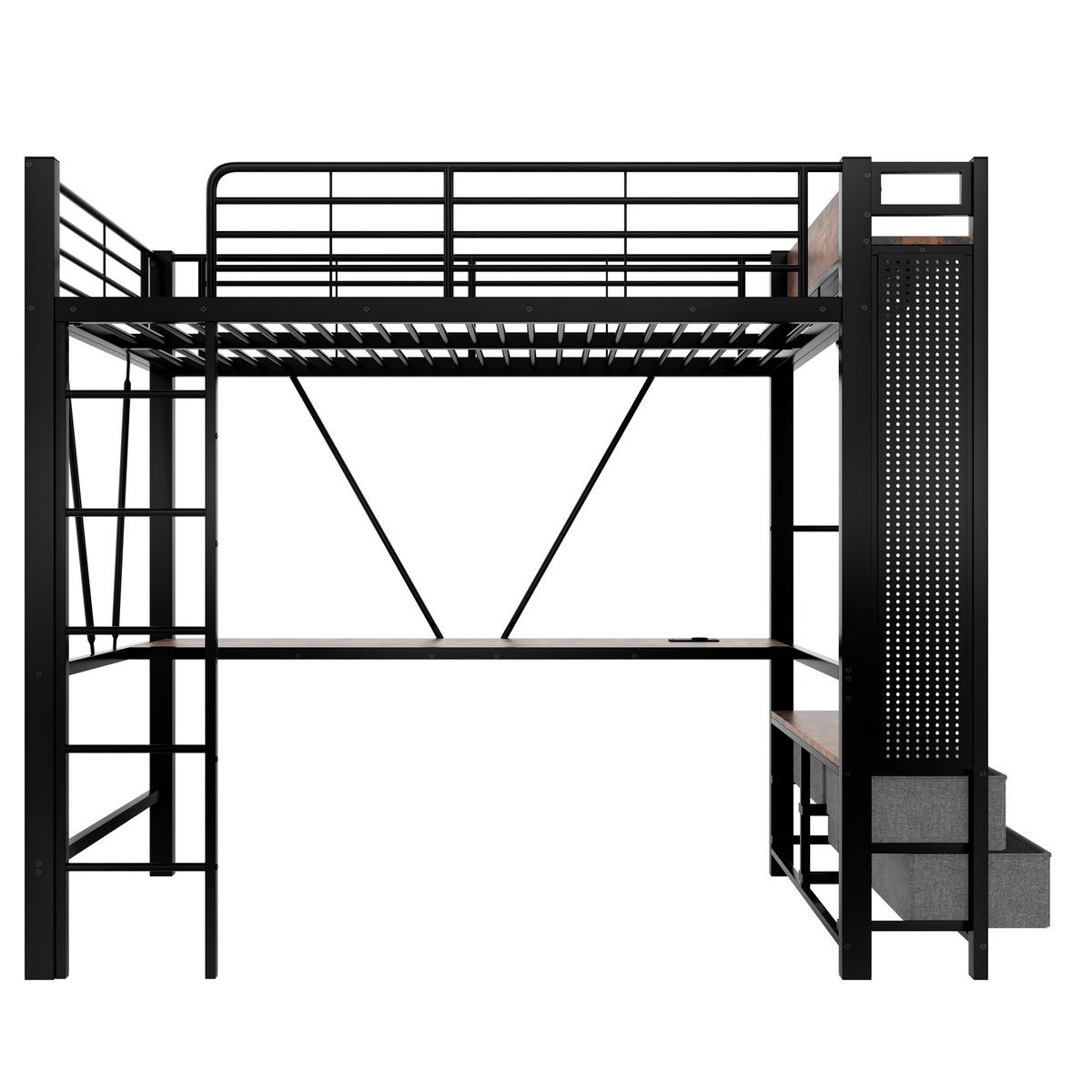 HOCHBETT 90/200 cm Schwarz mit Schreibtisch und LED-Beleuchtung - Schwarz, Metall (90/200cm) - OKWISH