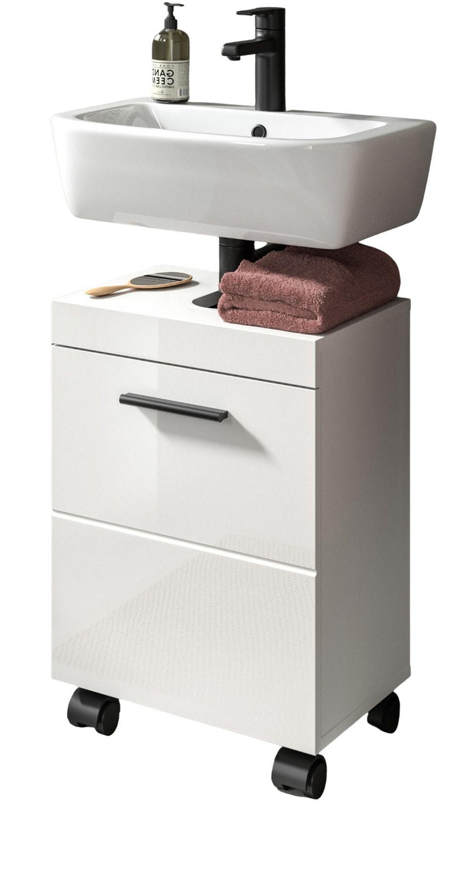 WASCHBECKENUNTERSCHRANK weiß Hochglanz 40 cm, Badezimmer Unterschrank auf Rollen - Weiß Hochglanz/Schwarz, Holzwerkstoff/Kunststoff (40/58/30cm) - Inn.Furn