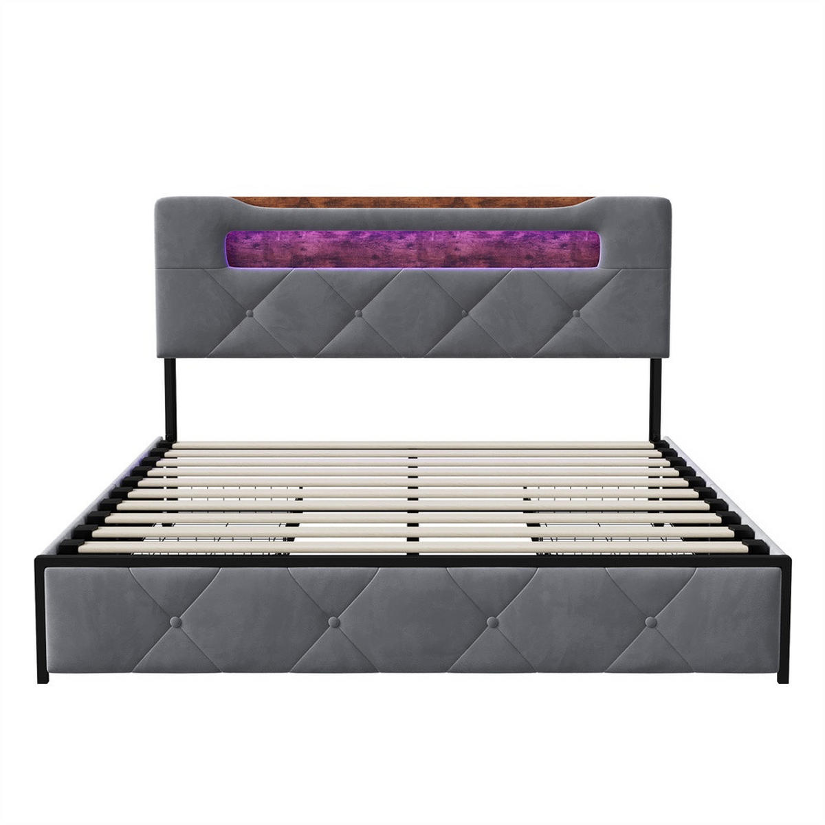 POLSTERBETT 160x200 cm - Doppelbett mit Stauraumkopfteil - 4 Schubladen und LED-Beleuchtung - ohne Matratze - Grau - Grau, Textil (160/200cm) - DELFA