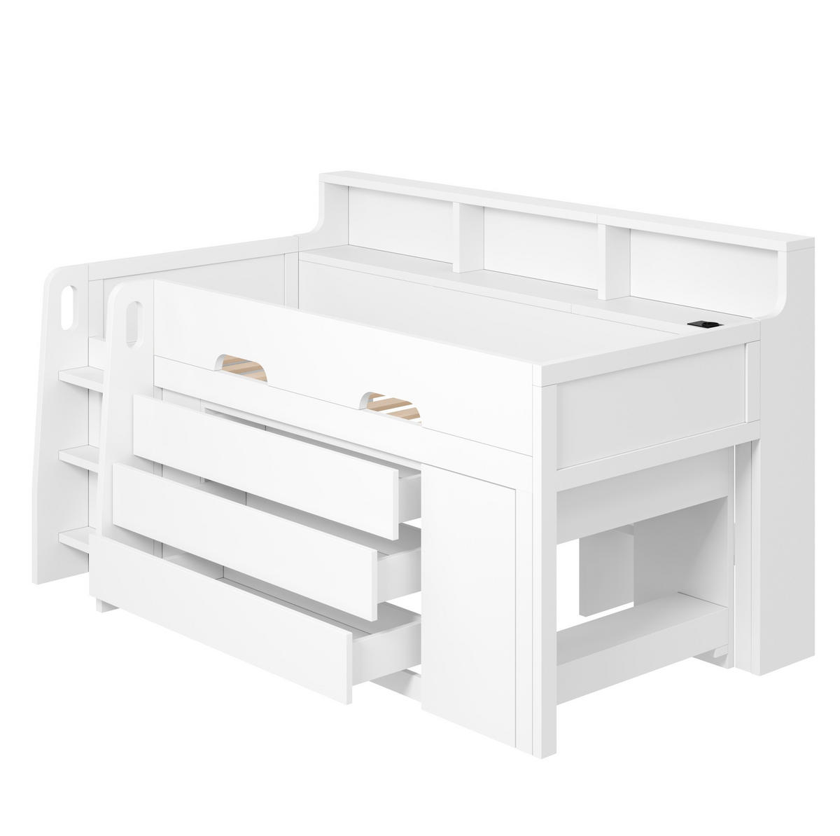 HOCHBETT 90/200 cm aus MDF und Sperrholz mit fahrbarem Schreibtisch und Stauraum Weiß - Weiß, Holzwerkstoff (90/200cm) - Modenvie