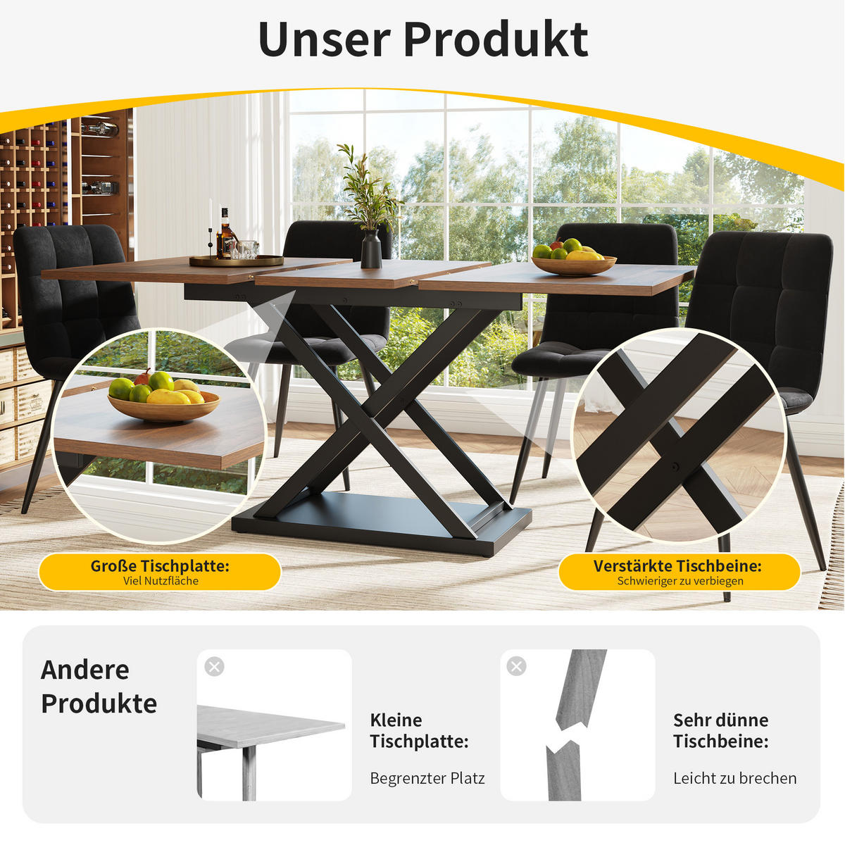 ESSTISCH, MDF ausziehbar 120-160/80/75 cm mit Metallgestell in Kreuzform, Walnussfarben/Schwarz - Walnussfarben, Holzwerkstoff (120/80/75cm) - Redom
