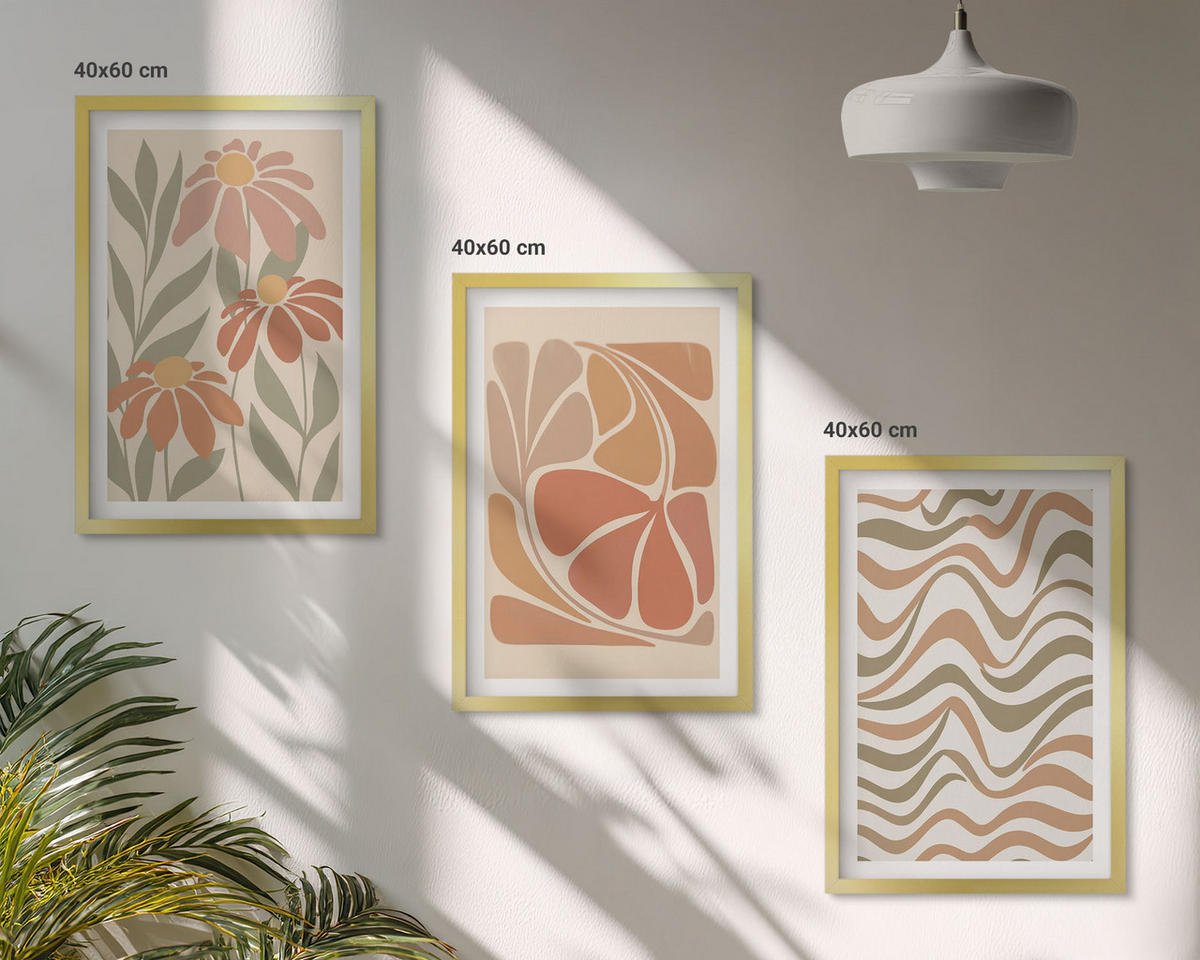 BILDER SET 3er Set - 40x60 cm Goldrahmen - Abstrakte Pastellblumen - Goldfarben, Kunststoff (40/60cm) - TULUP