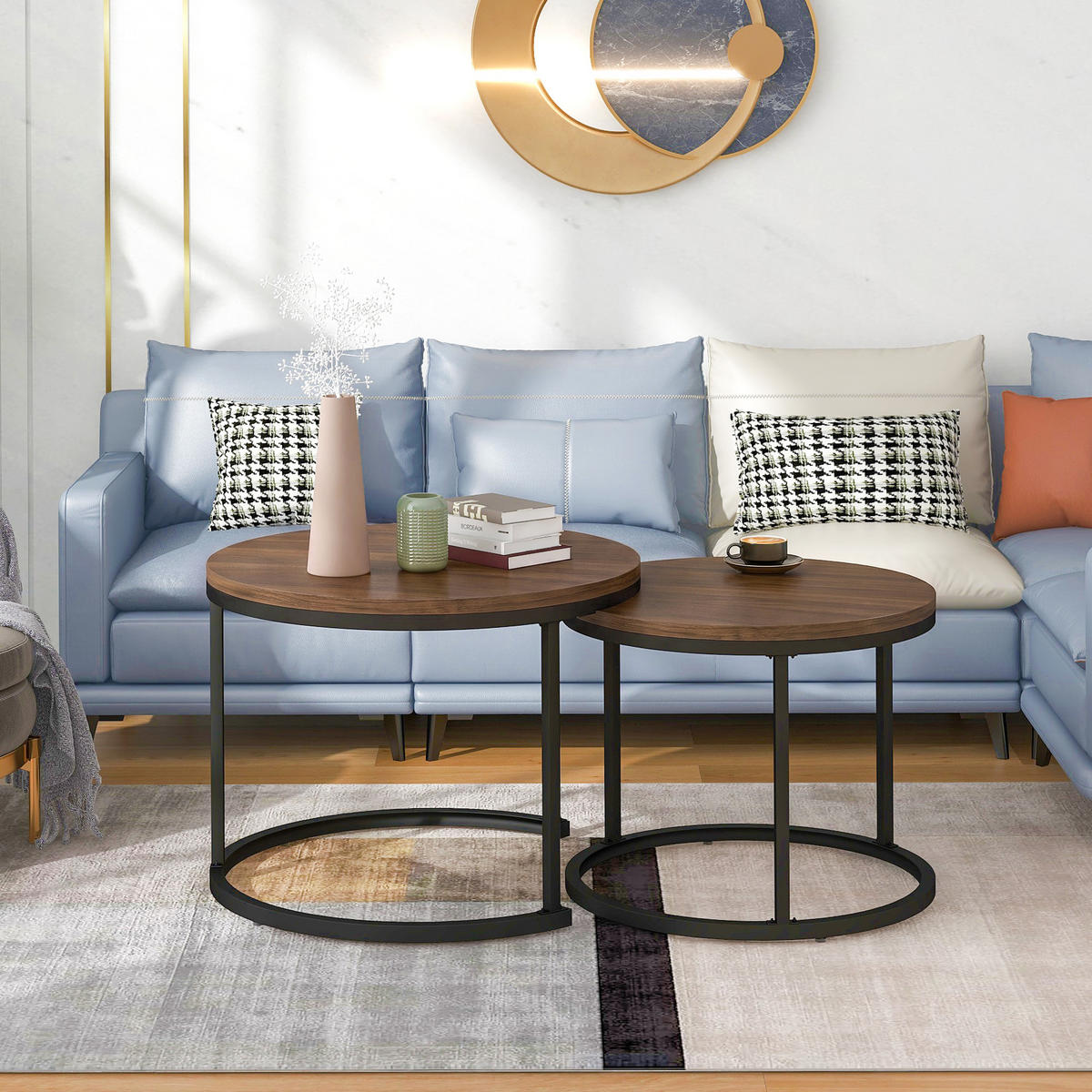COUCHTISCH in Walnussfarben und Schwarz mit Tischplatte in Marmoroptik für Wohnzimmer, B71/T71/H50 cm - Walnussfarben/Schwarz, Holzwerkstoff/Metall (70.5/70.5/50cm) - STILVORA