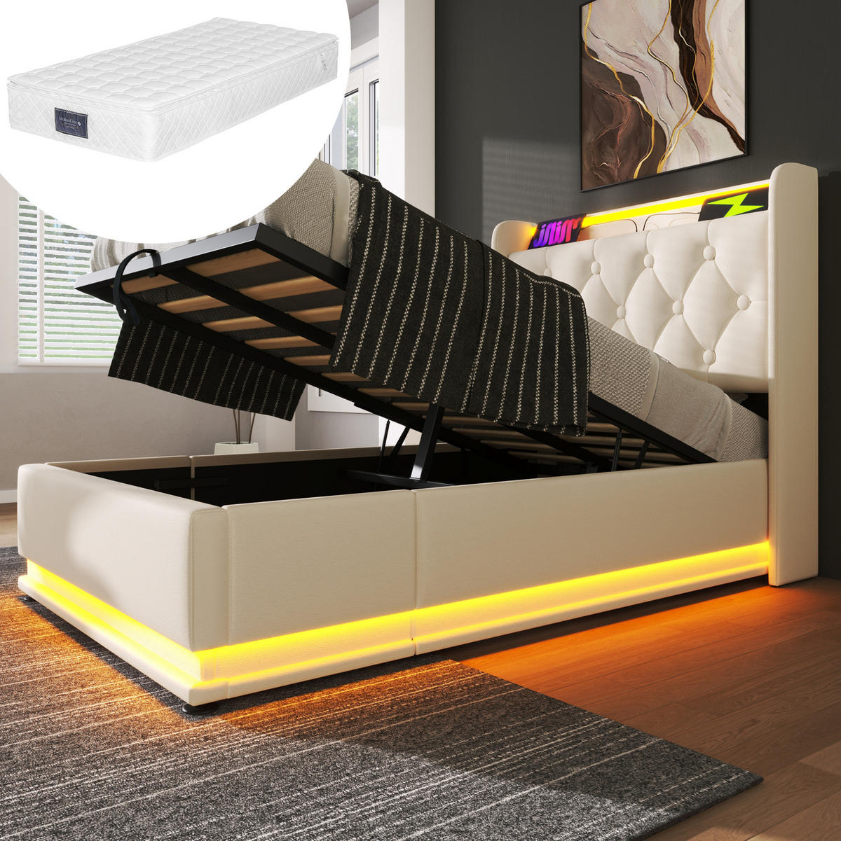 POLSTERBETT 90/200 cm Weiß aus PU mit LED, Stauraum und Matratze - Weiß, Kunststoff (90/200cm) - OKMYHOME