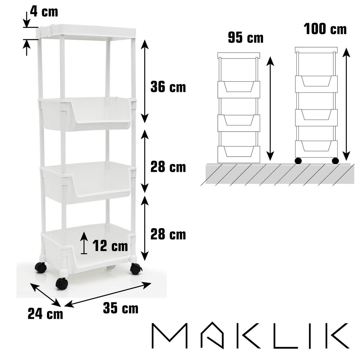 ALLZWECKREGAL mit 3 Körben und Rollen, 35/24/100 cm, Weiß - Weiß, Kunststoff (24/100/35cm) - MAKLIK