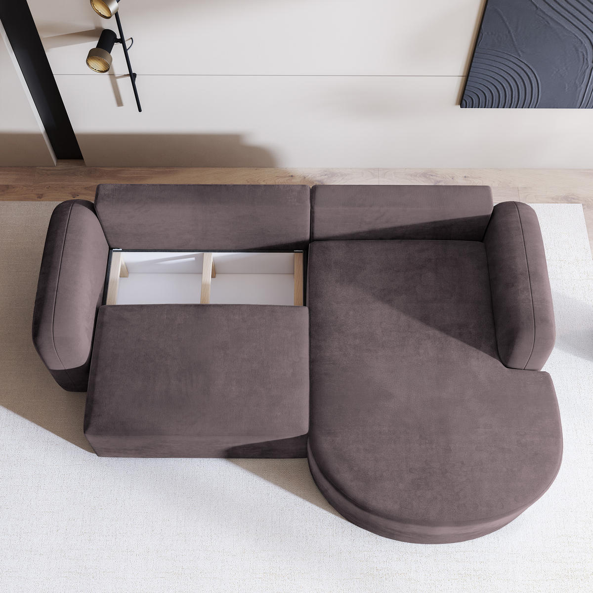 ECKSOFA AMILIA M R-S Lila Velours-Stoff mit Schlaffunktion - Lila, Holz (263/174cm) - MASSENO