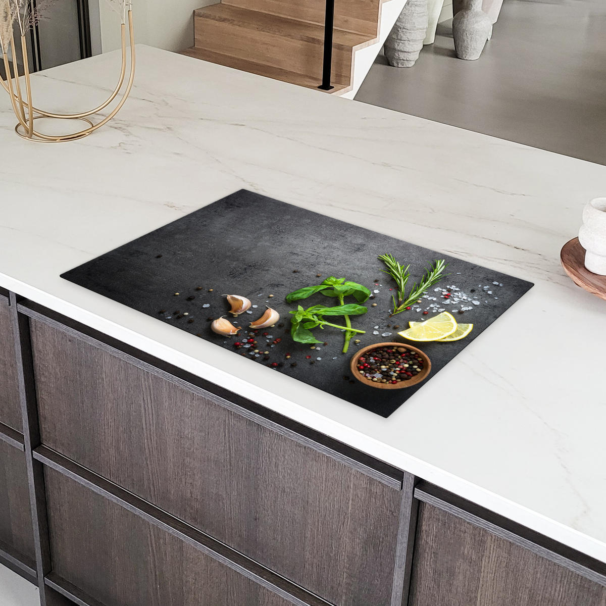 HERDABDECKPLATTE Limette - Kräuter - Gewürze - Grün - Grau - Beton 81x52 cm - Grün, Kunststoff (81/0.2/52cm) - MuchoWow