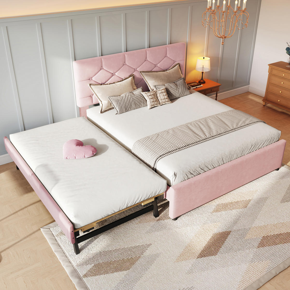 POLSTERBETT 140/200 mit Ausziehbett und Lattenrost in Rosa - Rosa, Holzwerkstoff/Textil (140/200cm) - EVRYAE