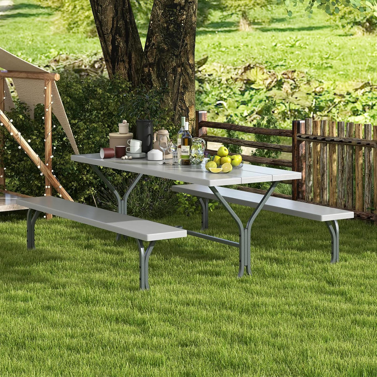 BIERTISCHGARNITUR Grau(3-teilig) - Grau, Holzwerkstoff (161/183/76cm) - COSTWAY