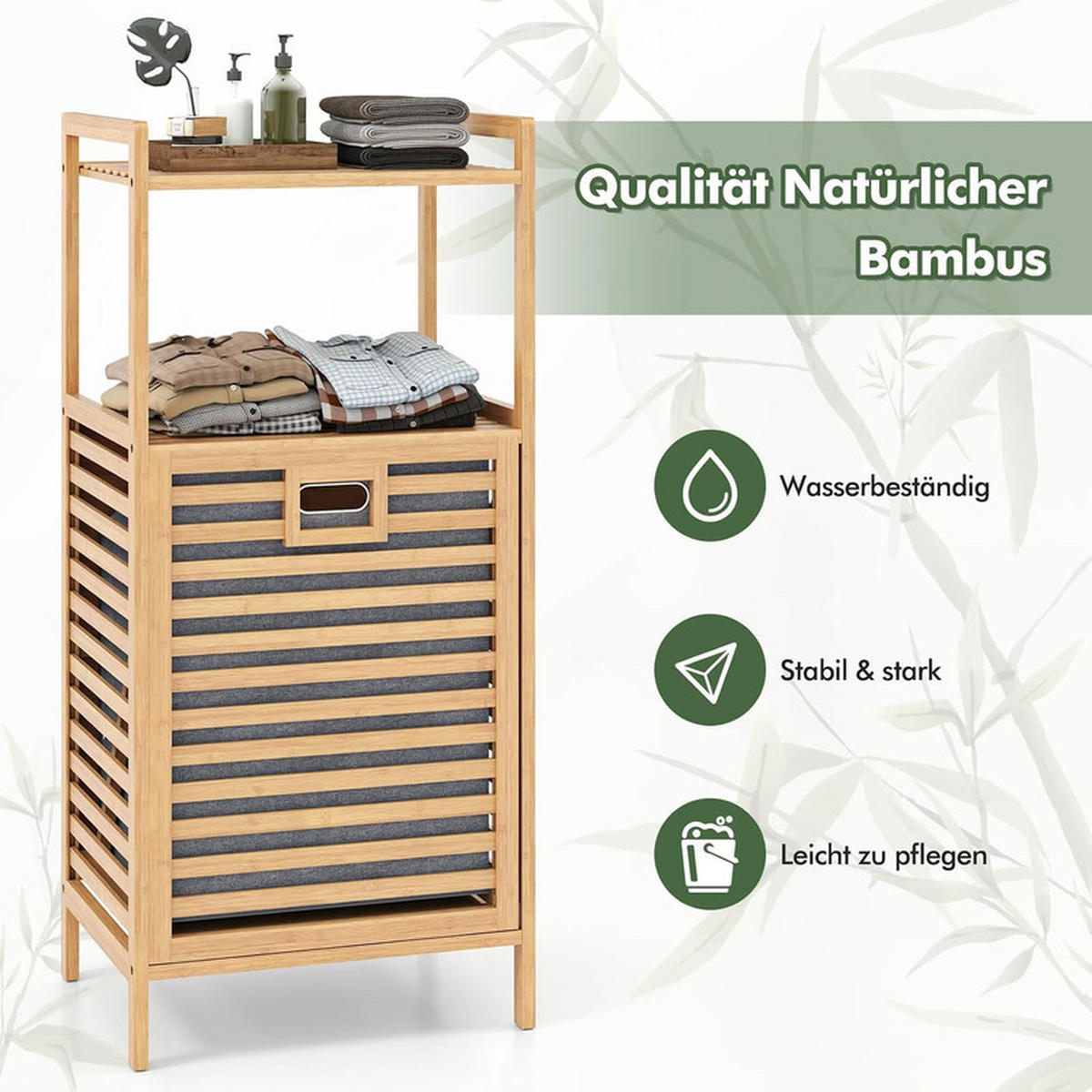 BADREGAL mit Wäschekorb natur - Naturfarben, Naturmaterialien (43.5/96/33cm) - COSTWAY
