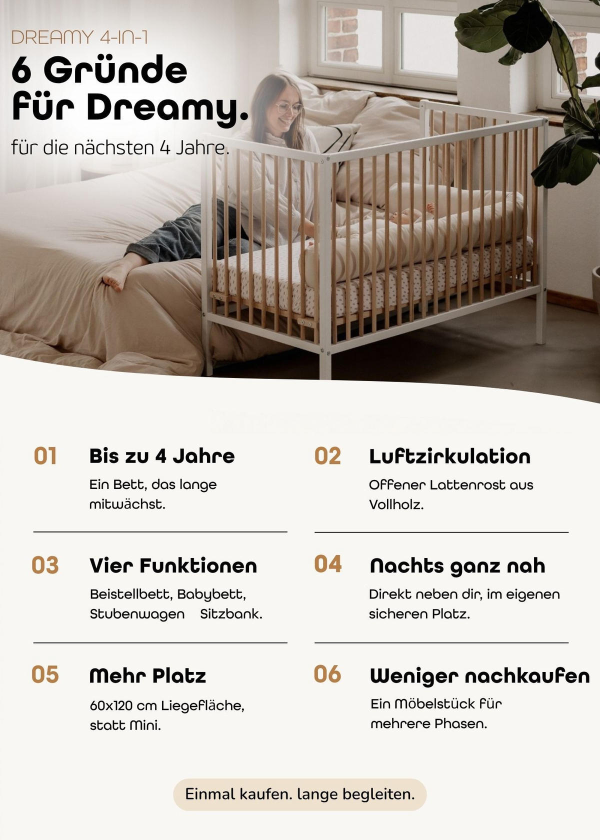 BEISTELLBETT Matratze SleepPlus, Rollen & Umbauseite - grau - Dreamy 4 in 1 Bett - Grau, Holz (120/90/60cm) - Sämann – make a difference.
