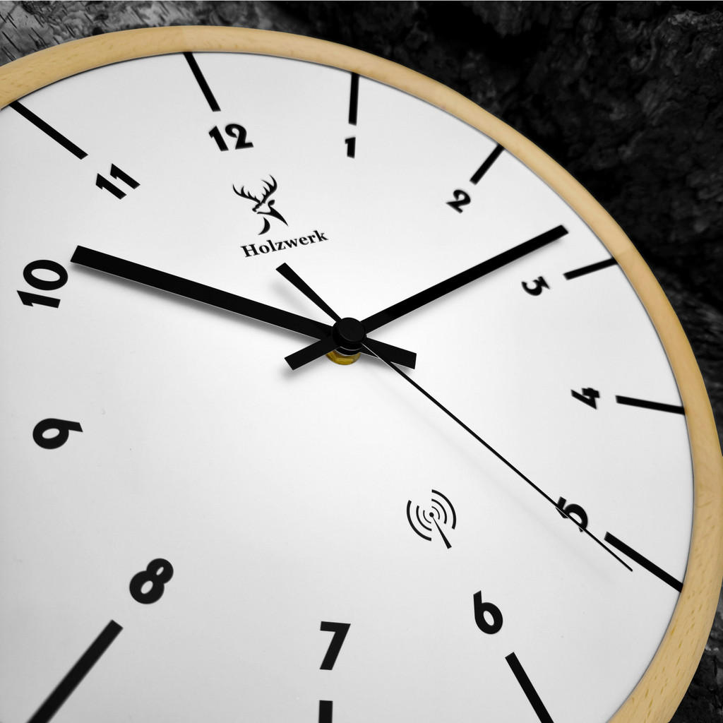 Thumbnail - Holzwerk Wanduhr, Beige, Weiß, Schwarz, Holz, Metall, Holz Optik, Rund, 32x32x2 cm, CE, Funkuhr, Dekoration, Uhren, Wand...