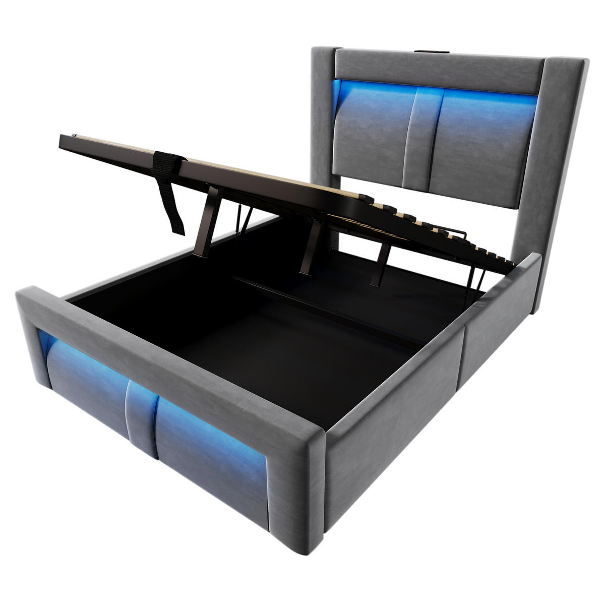 POLSTERBETT 90/200 cm Grau aus Samt mit Stauraum und LED mit Matratze - Grau, Textil (90/200cm) - OKWISH