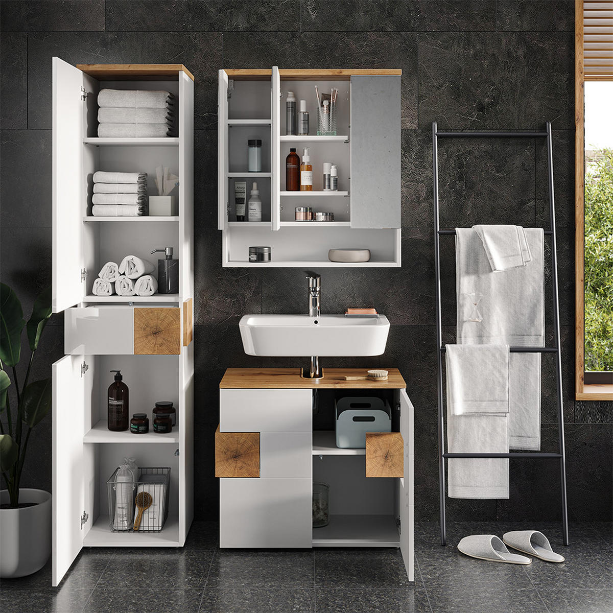 BADSCHRANK Eden Weiß 40 x 184.2 cm mit 2 Türen und Schublade - Weiß Hochglanz, Holzwerkstoff (40/184.2/37cm) - Vicco