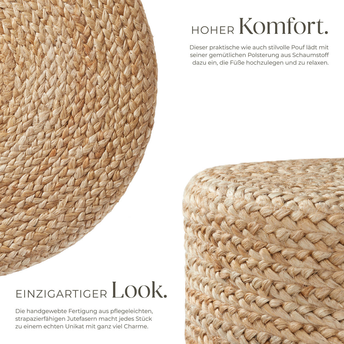 HANDGEFERTIGTER POUF Banno Elipse,58 x 22 cm, Belastbarkeit 150 kg,beige - Beige, Textil (58/22/58cm) - tectake