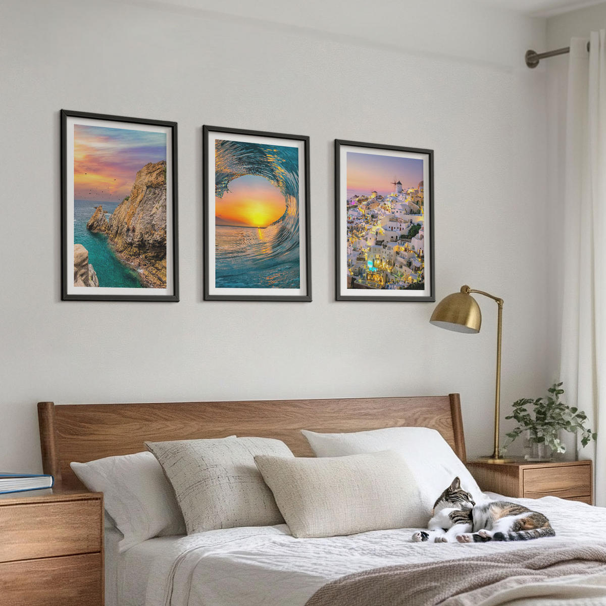 BILDER SET 3er Set - 40x60 cm Schwarzer Rahmen - Meereswellen, weiße Häuser, Santorini - Schwarz, Kunststoff (40/60cm) - TULUP