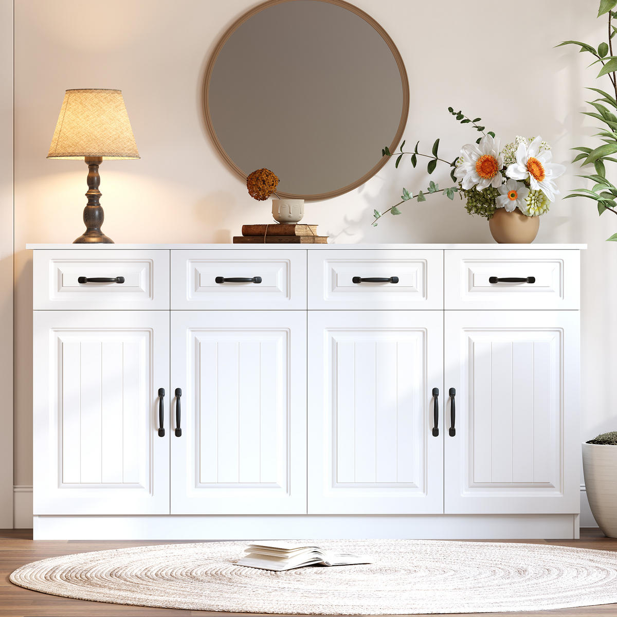 SIDEBOARD Weiß MDF 4 Schubladen 4 Türen 160cm gerillt modern - Weiß, Holzwerkstoff (160/80/35cm) - FLIEKS
