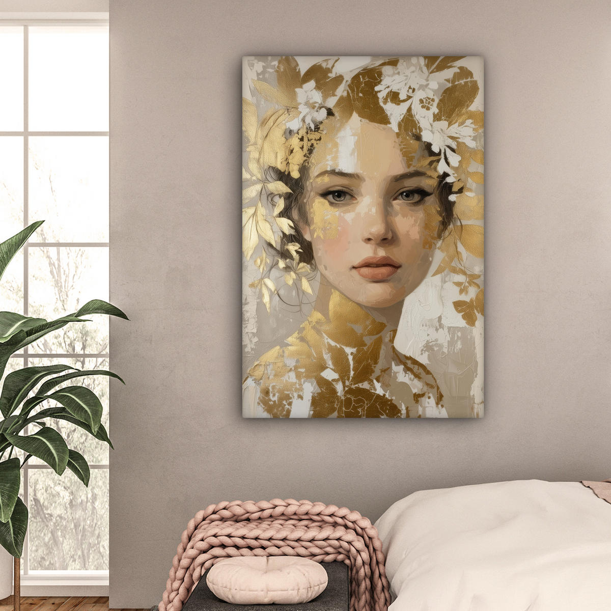 LEINWANDBILD Gesicht - Frau - Blätter - Gold Deko XXL 80x120 cm - Beige, Textil (80/120cm) - MuchoWow