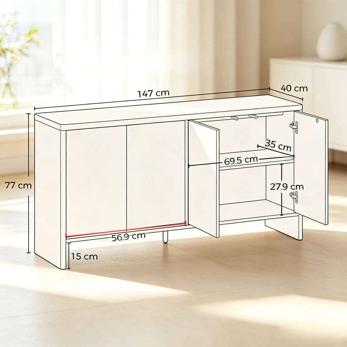 SIDEBOARD DE-38091 147/40/77 cm mit 2 Schränken und verstellbaren Regalen Eiche - Eichefarben, Holzwerkstoff (147/77/40cm) - ComfortXL