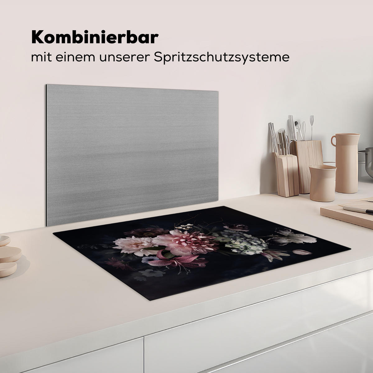 KRYT NA INDUKČNÍ DESKU Květiny - Vintage - pastelové - růžové - bílé 70x52 cm - starorůžová, plast (70/52/0.2cm) - MuchoWow