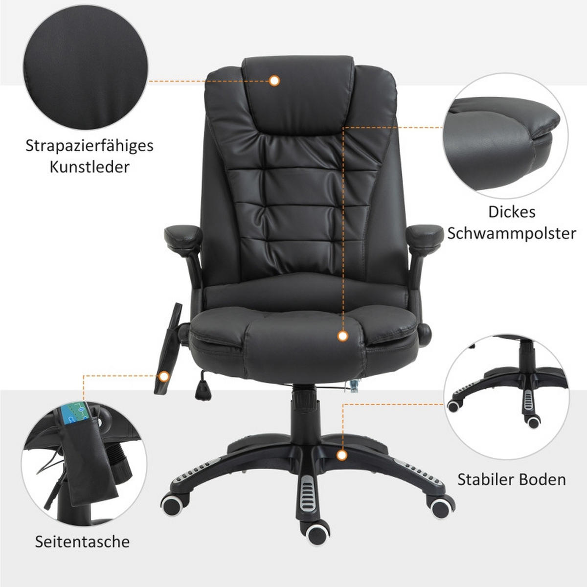 DREHSTUHL 54 cm Sitzbreite, Sitzhöhe 44–54 cm, höhenverstellbar mit Massagefunktion, Kunstleder, 70/70/121 cm, schwarz - Schwarz, Kunststoff (70/121/70cm) - Redom