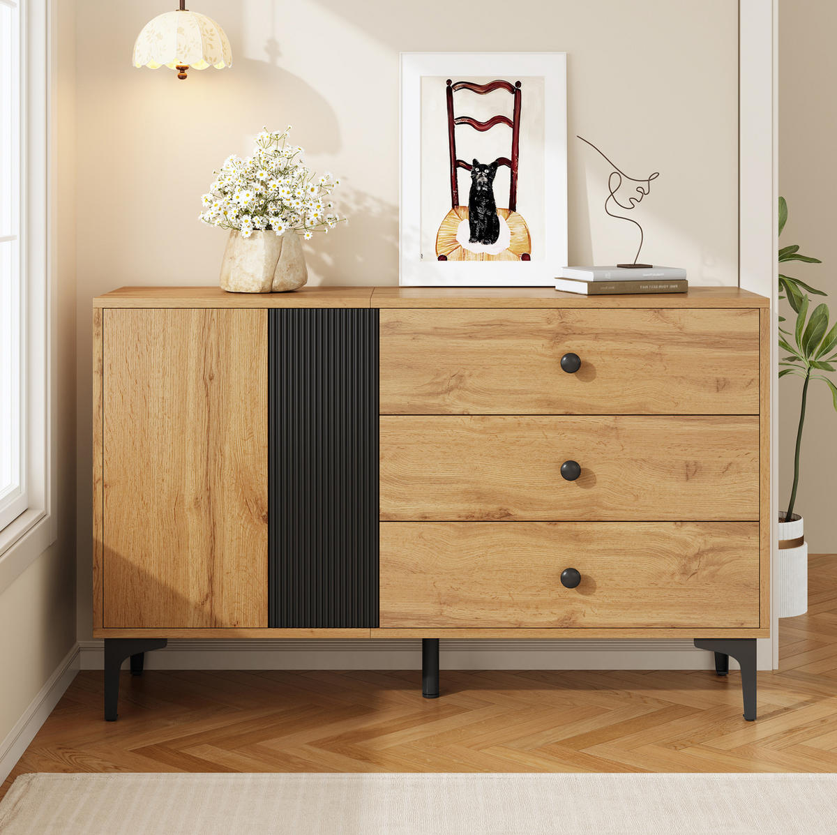 SIDEBOARD 120/35/76 cm aus Holzwerkstoff mit 1 Tür, 3 Schubladen und Metallfüßen Natur/Schwarz - Schwarz, Holzwerkstoff (120/76/35cm) - Modenvie