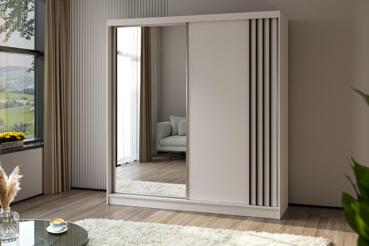 SCHWEBETÜRENSCHRANK Neli 200 cm mit Lamellen und Spiegel 2-türig, weiß, weiß, Lamelle schwarz - Schwarz/Weiß, Kunststoff (200/216/61cm) - Margaret Hadas24