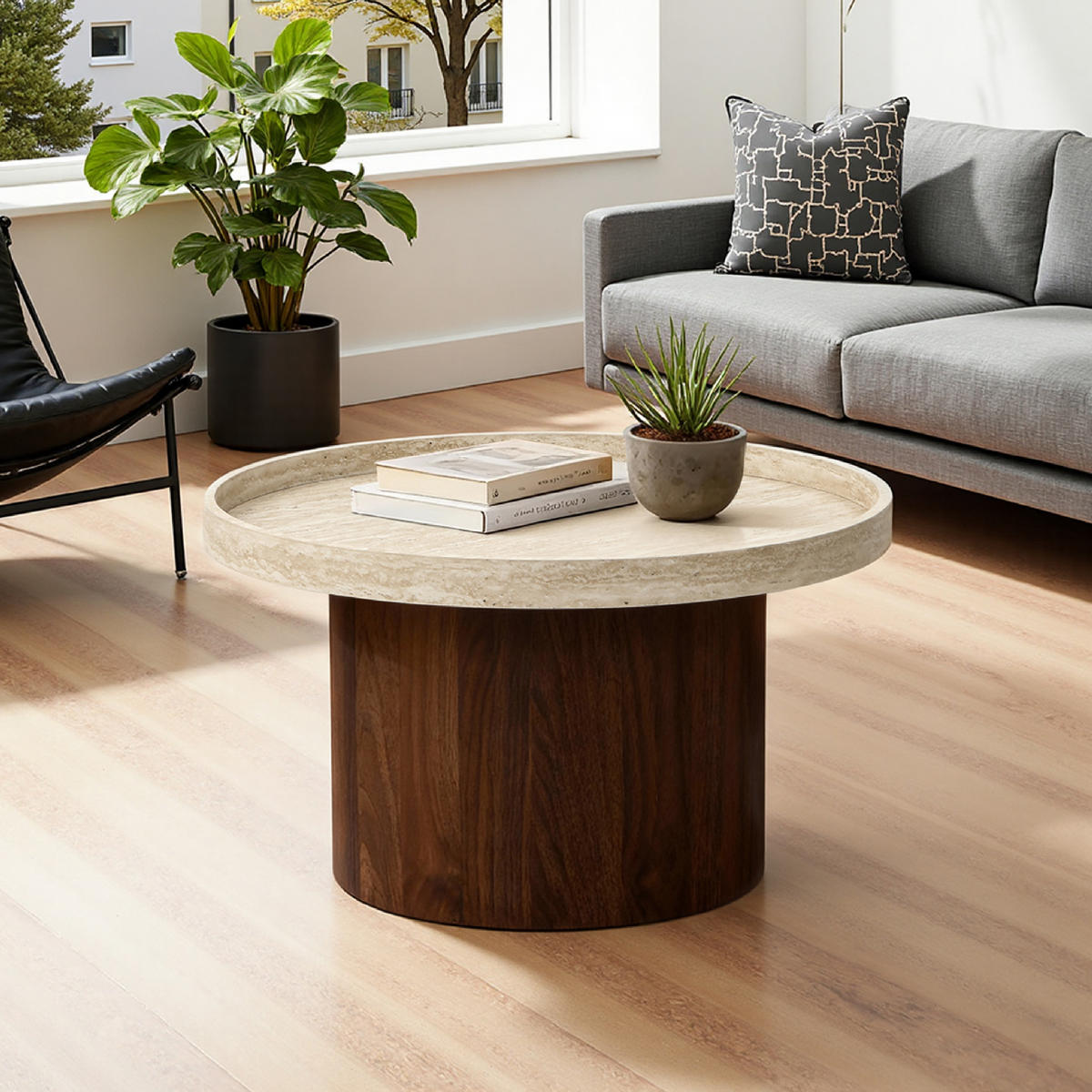 RUNDER Couchtisch mit Tablettplatte und braunem Gestell,Holzoptik | Ø60 x H34 cm - Braun, Holzwerkstoff (60/60/34cm) - Hometopia