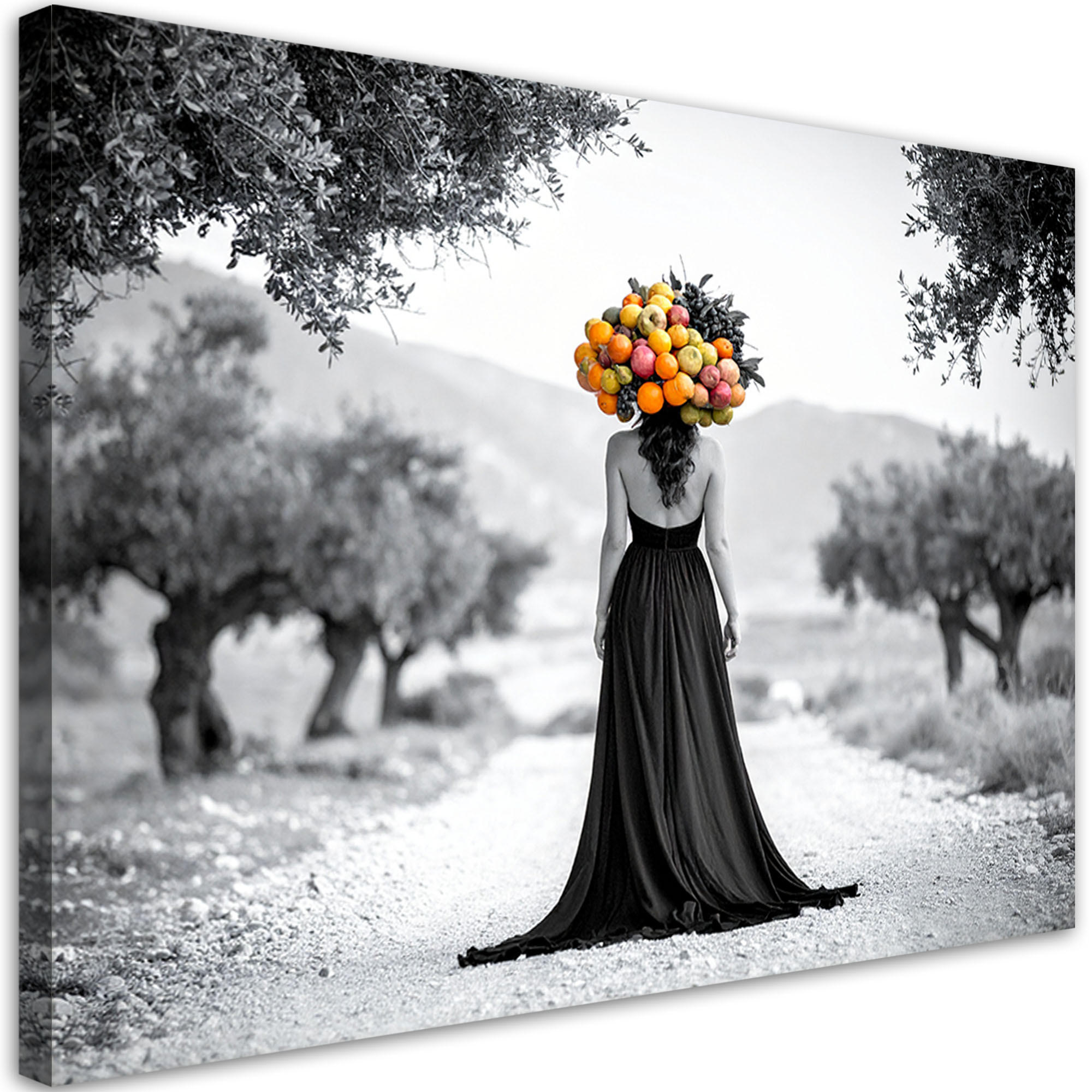 LEINWANDBILD Landschaft Frau mit Früchten auf dem Kopf 120x80cm - Schwarz, Textil (120/80cm) - Feeby