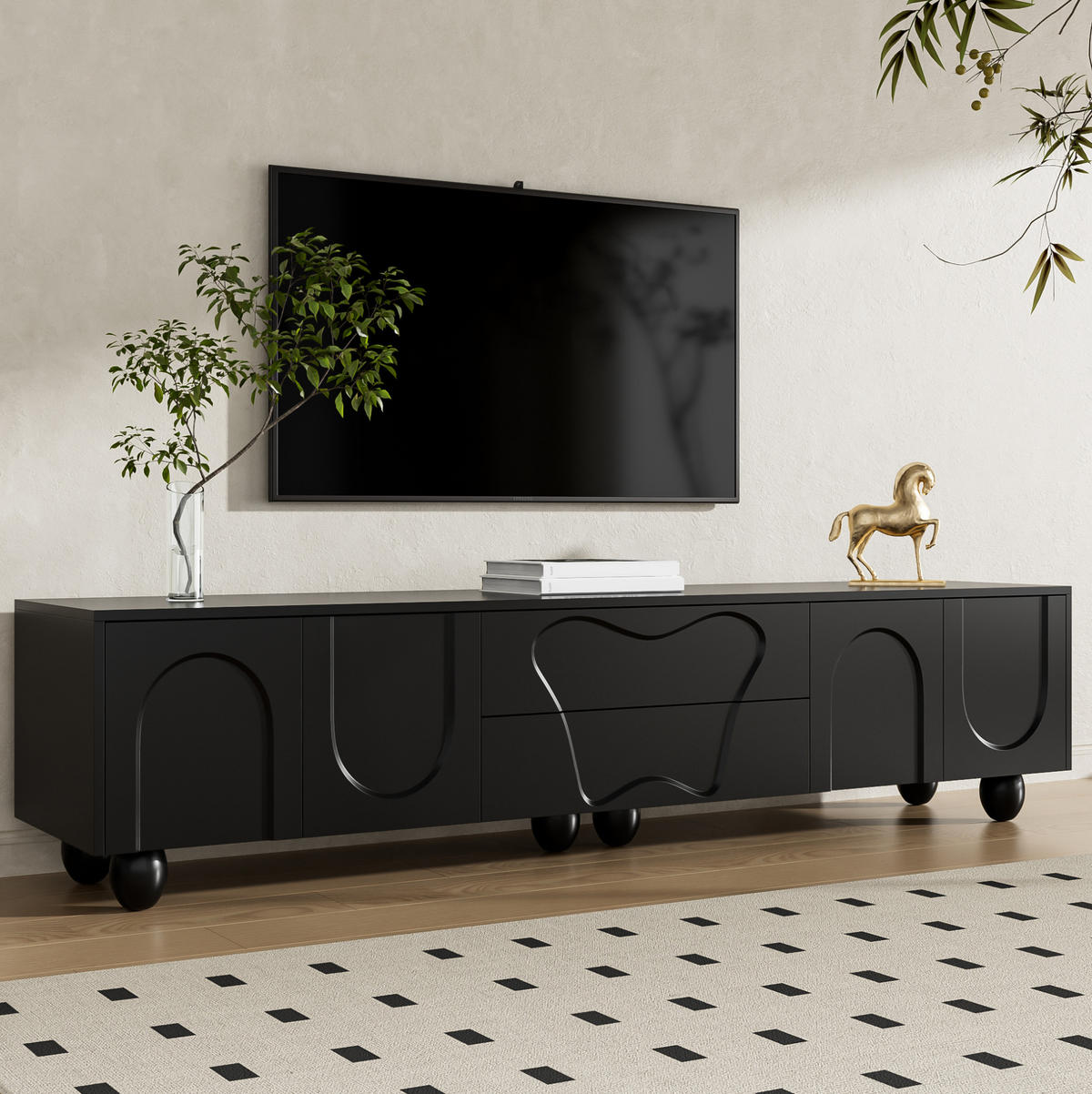 TV-SCHRANK 180/40/42 cm schwarz PB mit Naturholzbeinen und vielseitigem Stauraum - Schwarz, Holzwerkstoff (180/42/40cm) - OKWISH