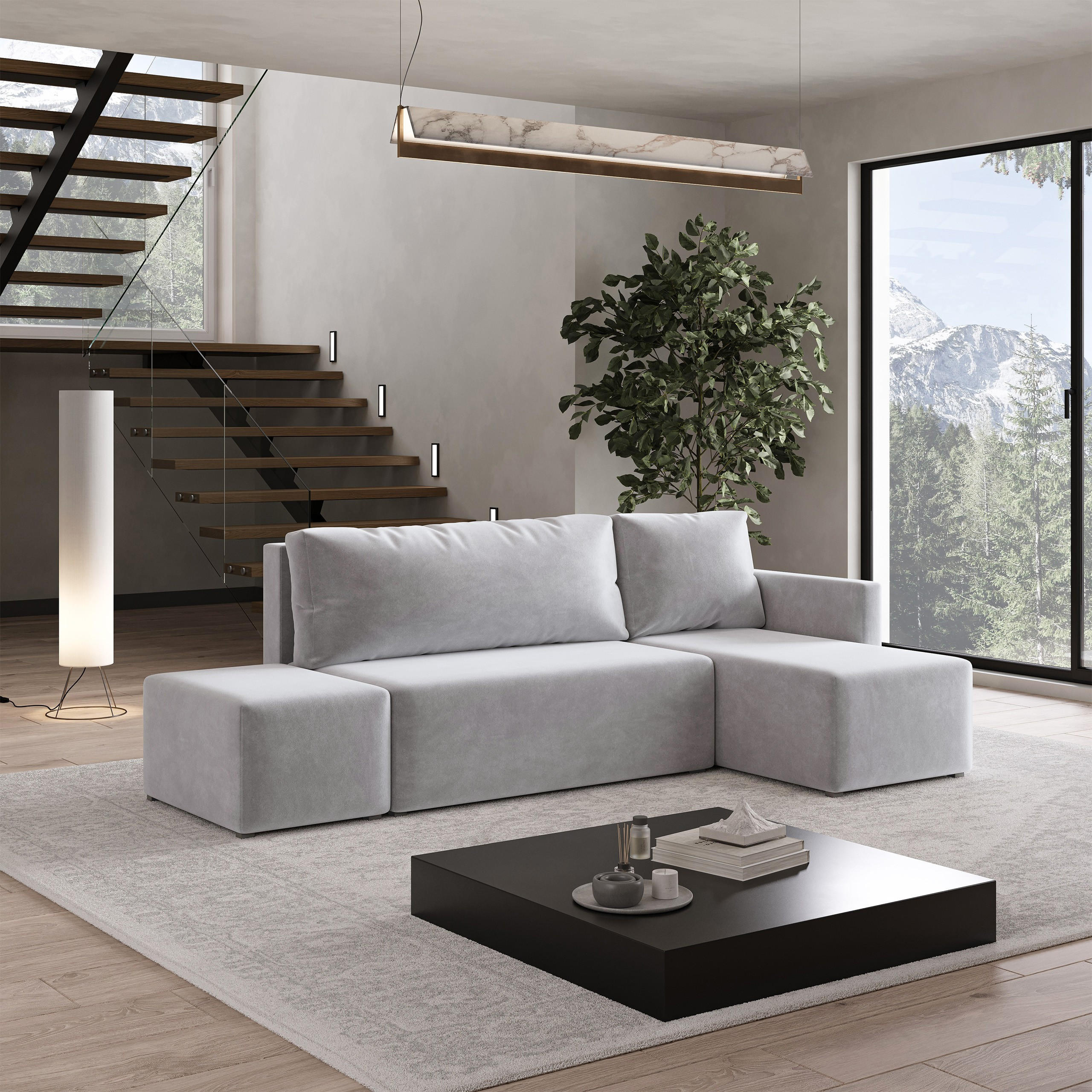 ECKSOFA VELOTTI R-S Hellgrau Plüsch-Stoff mit Schlaffunktion - Hellgrau, Holz (261/143cm) - MASSENO