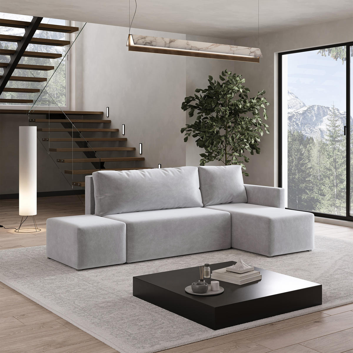 ECKSOFA VELOTTI R-S Hellgrau Plüsch-Stoff mit Schlaffunktion - Hellgrau, Holz (261/143cm) - MASSENO