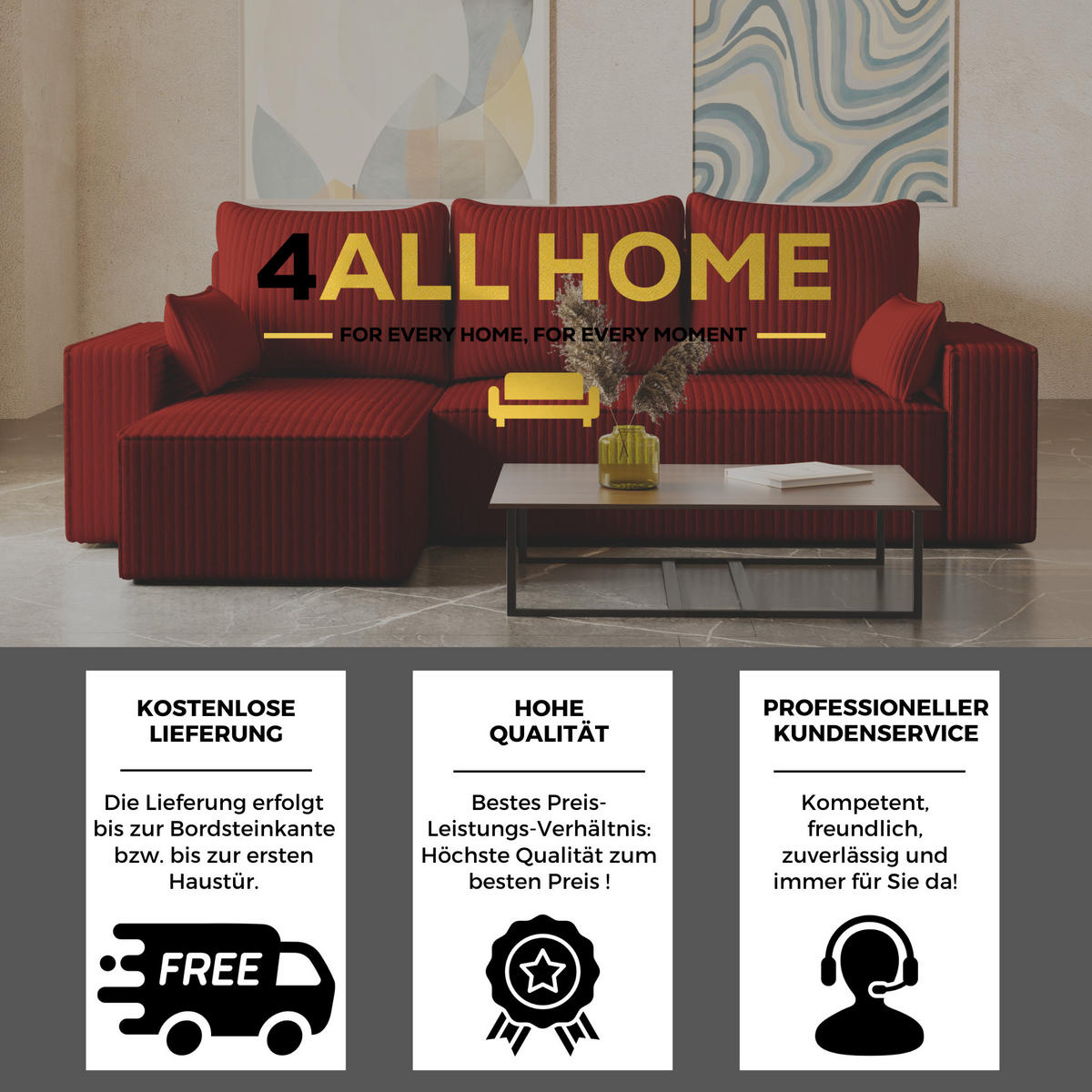 ECKSOFA Tobi mit Bettkasten und Schlaffunktion, L-Form/XL-Form, Cordstoff, Universal - Rot, Holzwerkstoff (246/145cm) - 4ALL HOME