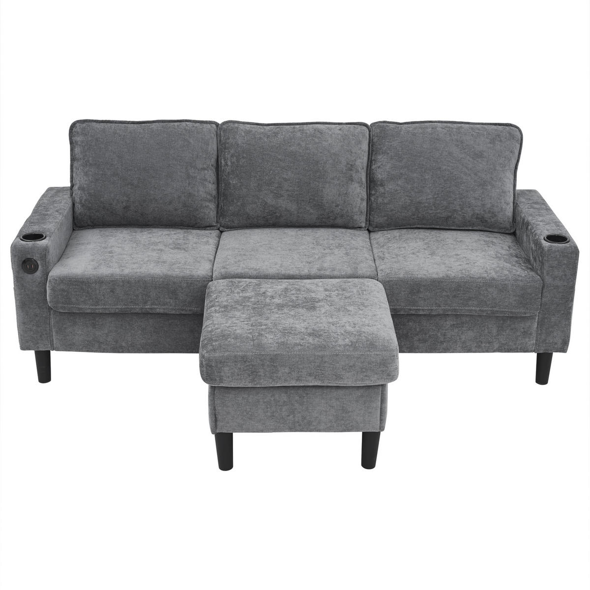 ECKSOFA Gepolstertes 3-Sitzer mit Fußhocker und USB und Typ-C-Anschlüssen Grau Leinen 202/137/80 cm - Grau, Textil (202/137cm) - OKWISH